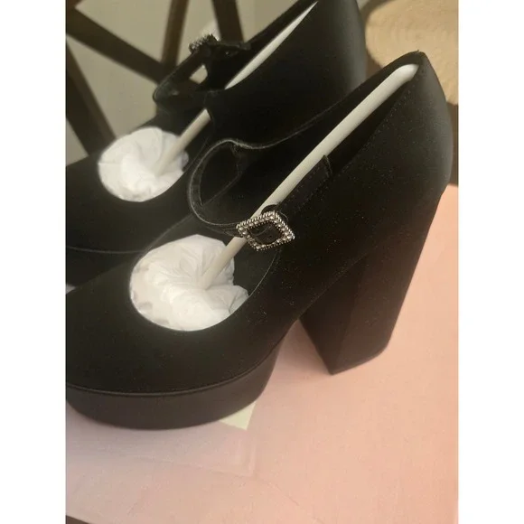 Lisa Vicky Vault-V Platform Mary Jane Block Heel Black Satin Shoes Size 6 - Picture 2 of 4